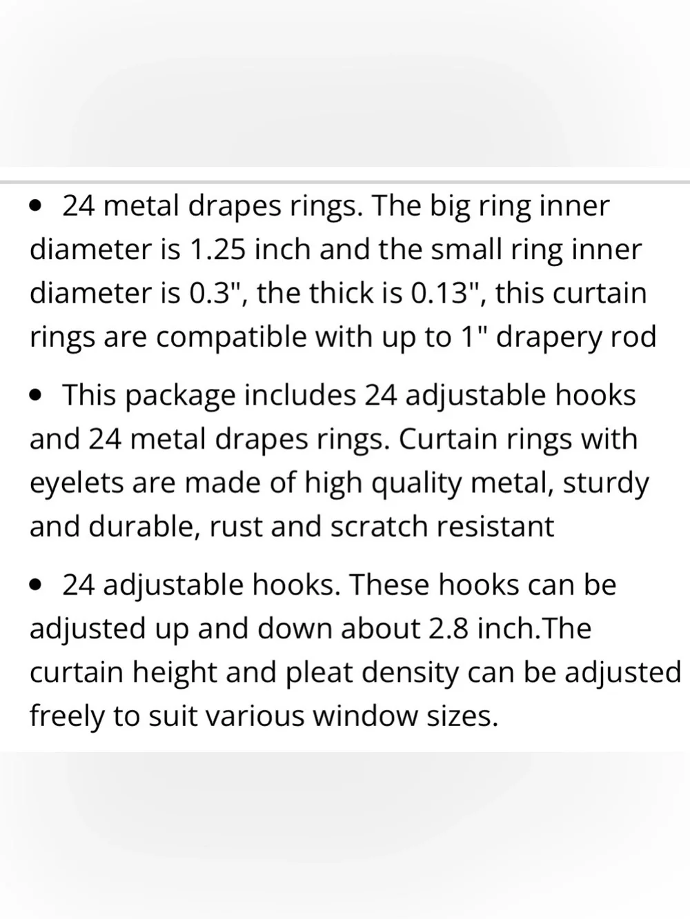 Curtain Rings with Hooks 1.25” fits up to 1” Rods (24Pcs) BLACK